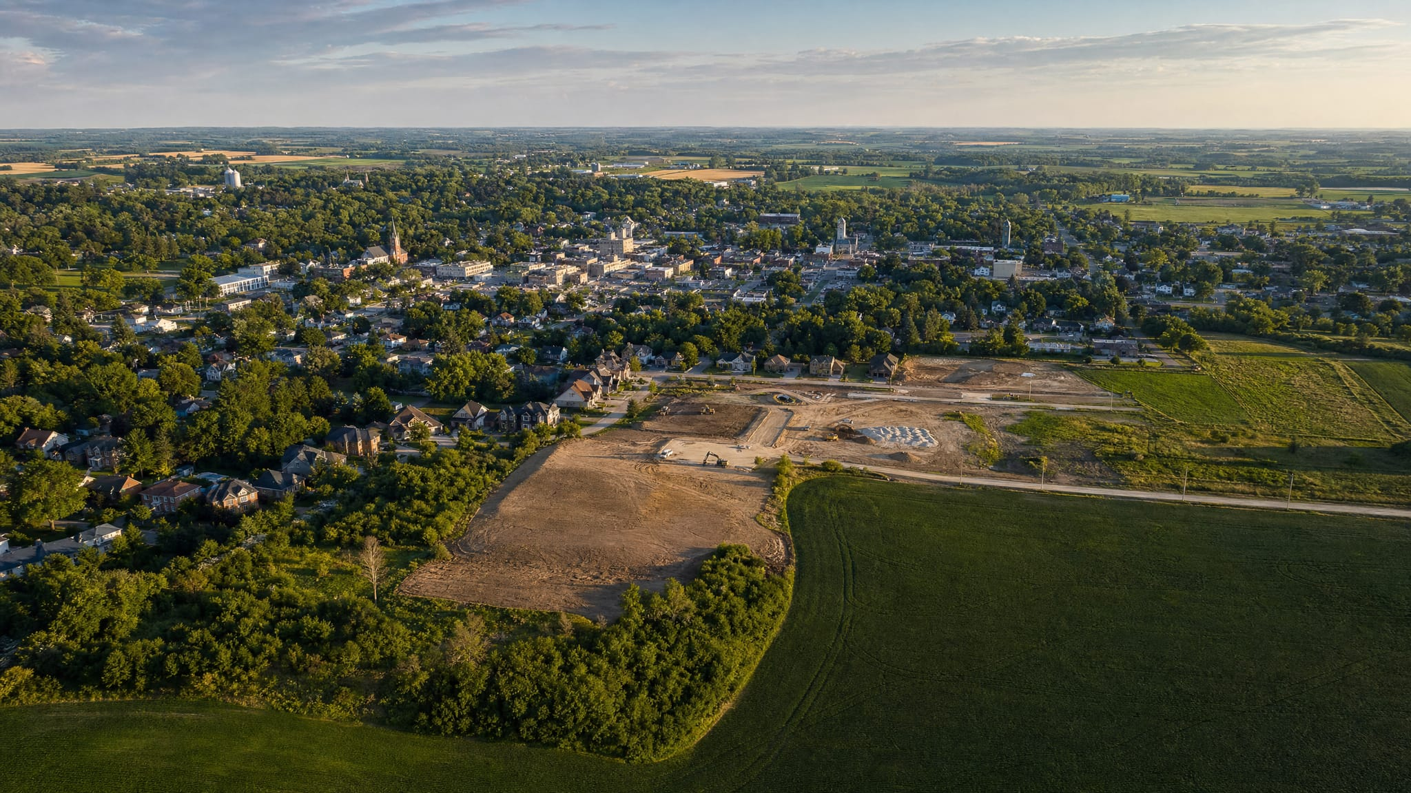 Aerial view of farmland on the edge of Fergus and Elora affected by Centre Wellington's urban boundary expansion