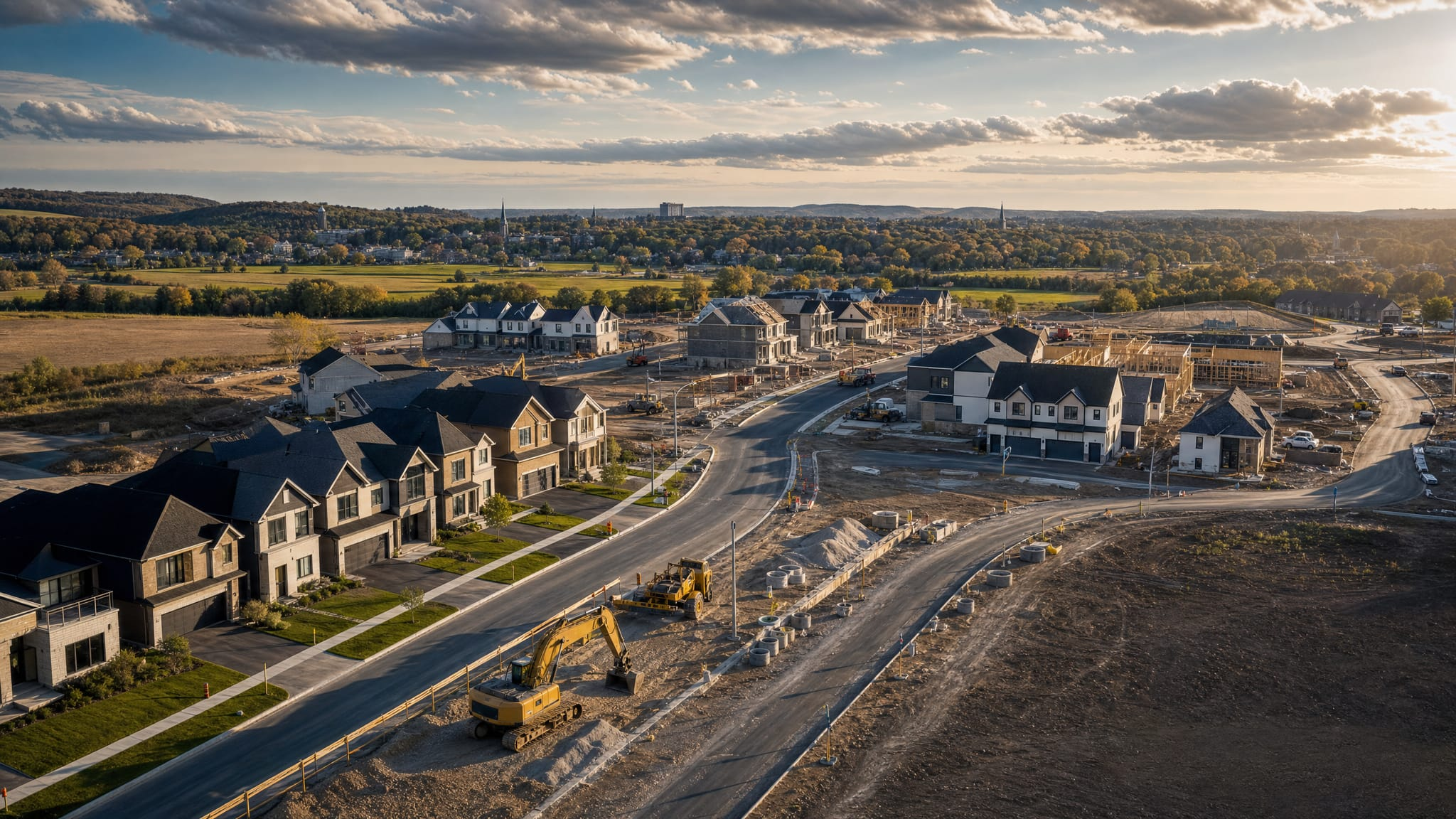 Aerial view of a new residential subdivision under construction in Centre Wellington, Ontario, reflecting rising 2026 development charges