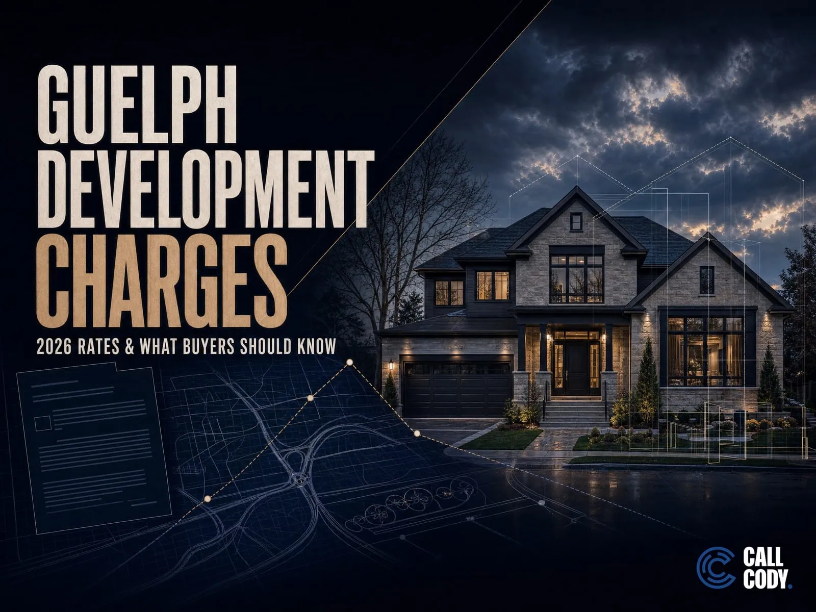 Guelph development charges in 2026 infographic showing current rates for a new home