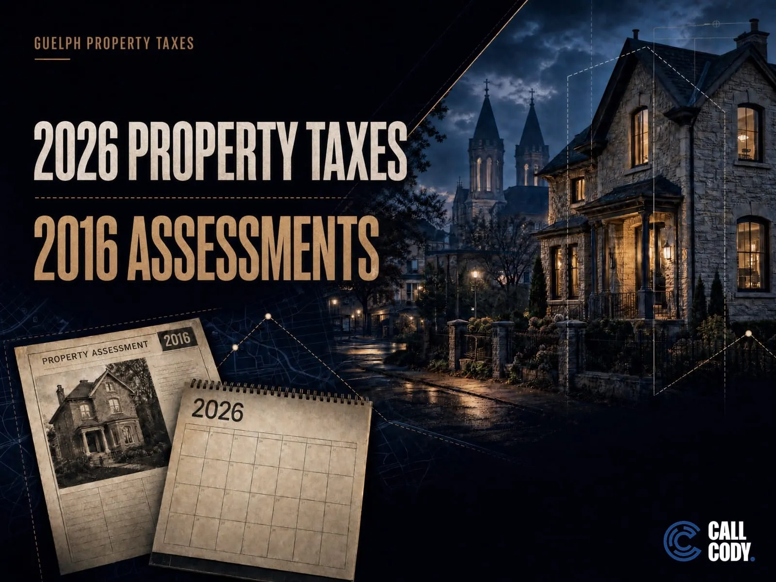 Graphic reading "2026 Property Taxes, 2016 Assessments" illustrating that Guelph property tax bills are still calculated using outdated 2016 MPAC assessment values