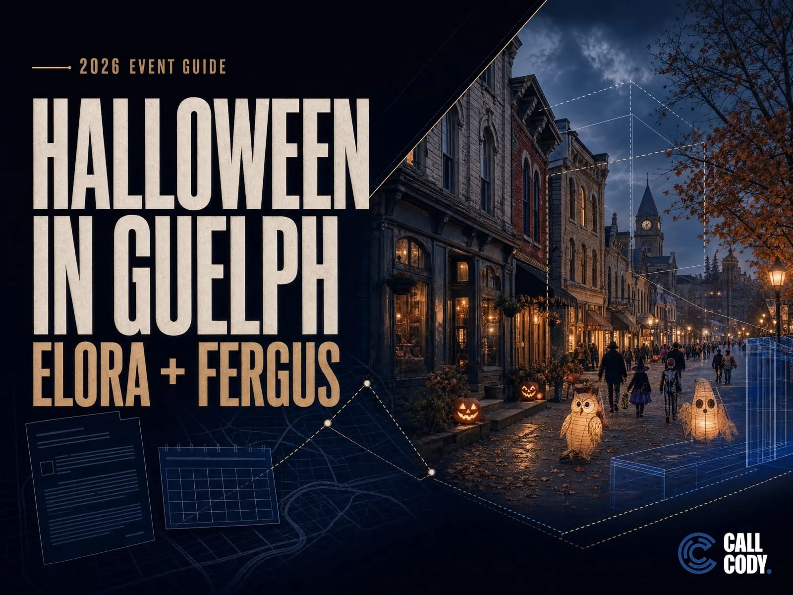 Graphic reading "Halloween in Guelph, Elora + Fergus" for the 2026 guide to Halloween and fall events in Guelph, Elora, and Fergus
