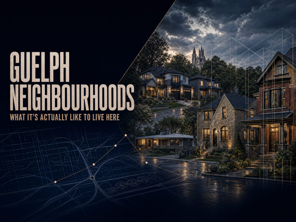 Guelph neighbourhood homes at twilight with title graphic for "What It's Actually Like to Live in Each Guelph Neighbourhood"